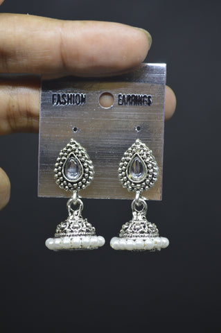 Stone Stud White Bead Jhumka