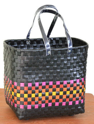 Black Multicoloured Patch Handmade Plastic Basket