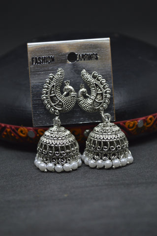 Peacock Stud White Bead Jhumka