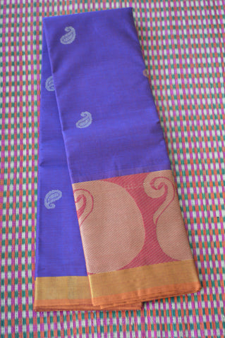 Purplish Blue Colour Cotton Saree with Big Paisley Border