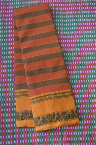 Orange Brown Stripes Kandangi Chettinad Cotton Saree