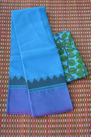 Striking Blue Black Tower Border Cotton Saree