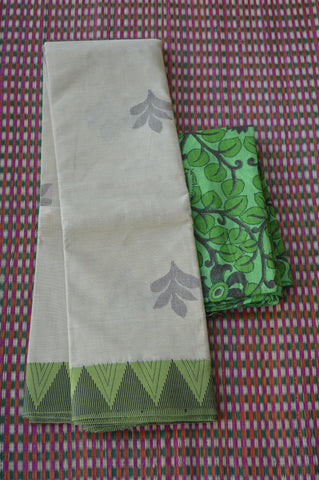 Cream Green Tower Border Chettinad Cotton Saree