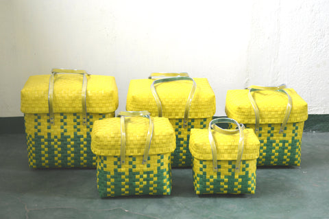 Half Yellow Green Plastic Basket Set of 5 With Lid