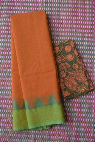 Orangish Green Tower Border Cotton Saree