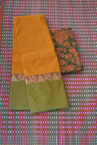 Orangish Long Border Chettinad Cotton Saree with Annam Tower Greenish border