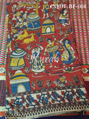 Brick Red Hut Design Kalamkari Fabric