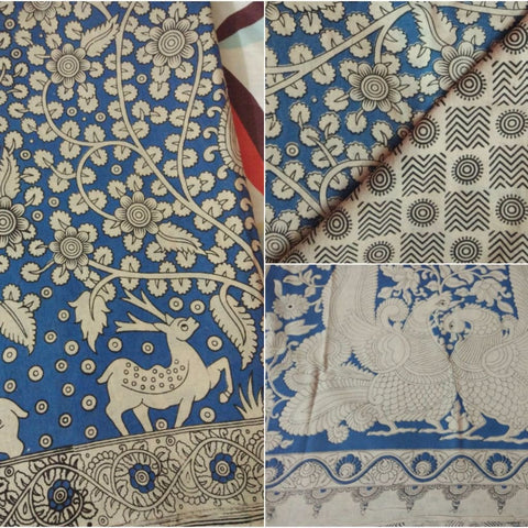 Blue Soft Deer Kalamkari Cotton Saree