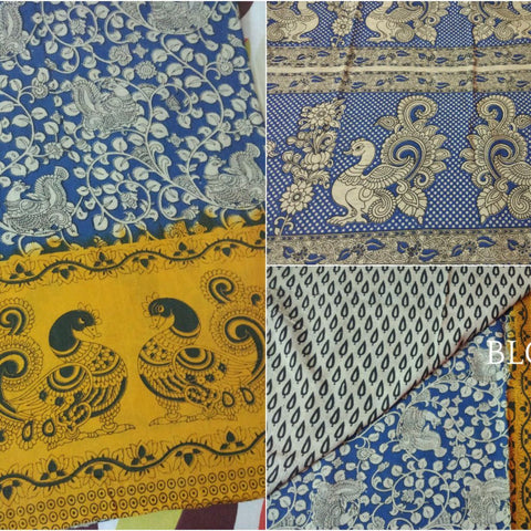 Light Orange Blue Kalamkari Cotton Saree