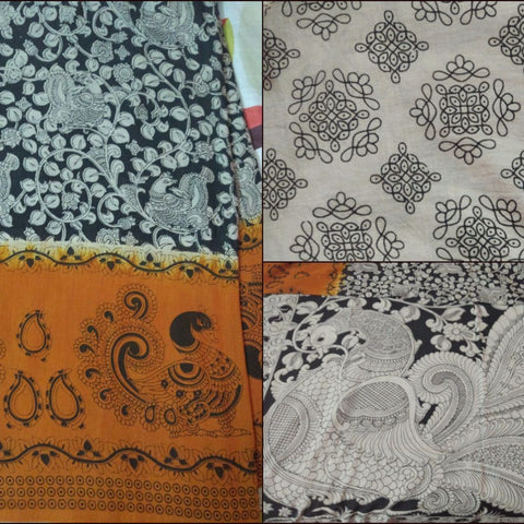 Light Brown Black Kalamkari Cotton Saree