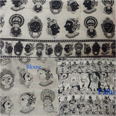 Black and White Faces Kalamkari Silk Cotton Saree