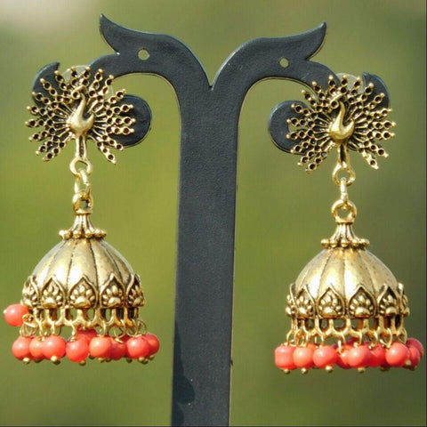 Gold Tone Peacock Stud with Red Beads