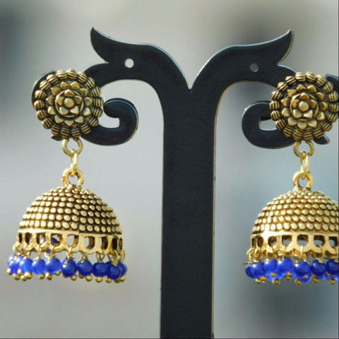 Flower Stud with Blue Bead Jhumka