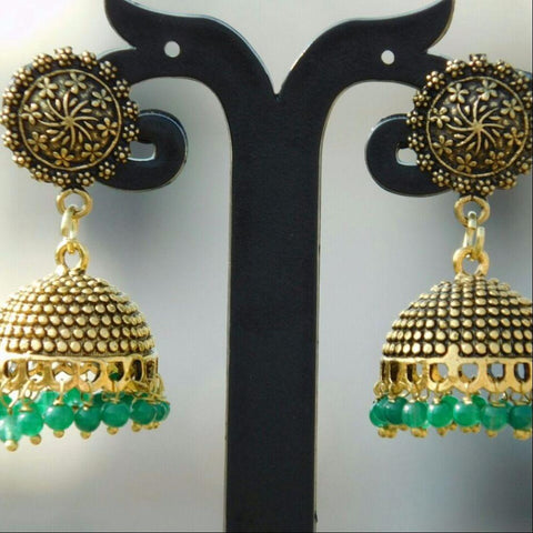 Flower Stud with Green Bead Jhumka