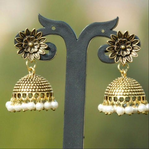 Flower Stud with White Bead Jhumka