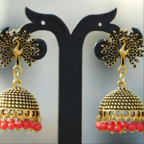 Gold Tone Peacock Stud with Red Beads Jhumka