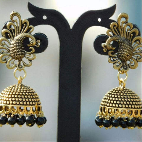 Gold Tone Peacock Stud with Black Beads