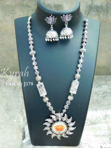 Handpainted  Lotus Pendant with Earrings