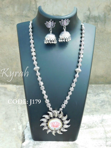 Handpainted Pink Lotus Pendant with Earrings