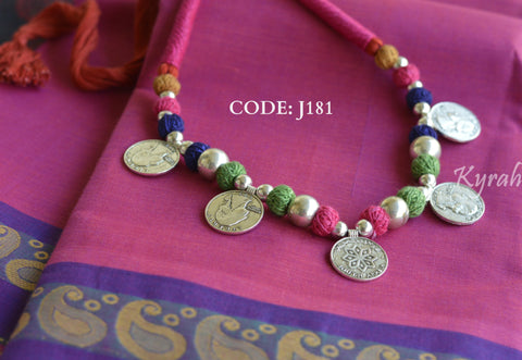 Oxidised Silver Coin Colourful Thread Necklace