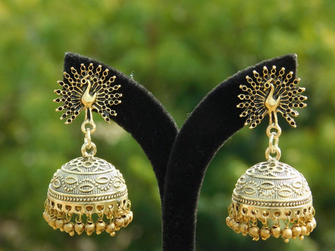 Gold Tone Peacock Stud Jhumka Earring