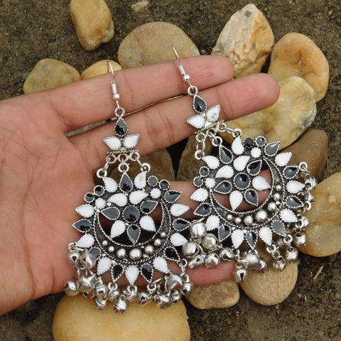 Black and White Afghani Tribal Dangler Hook Chandbali Earrings