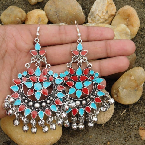 Blue Red Afghani Tribal Dangler Hook Chandbali Earrings