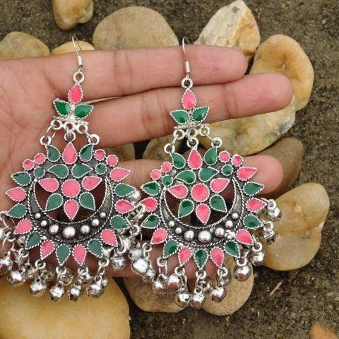 Pinky Green Afghani Tribal Dangler Hook Chandbali Earrings