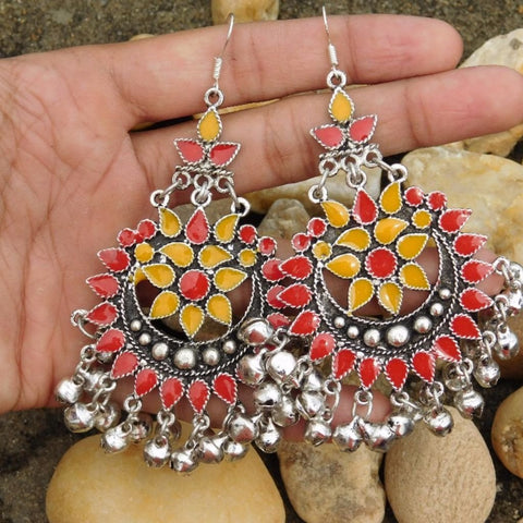 Yellow Red Afghani Tribal Dangler Hook Chandbali Earrings