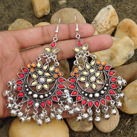 Red Orange Afghani Tribal Dangler Hook Chandbali Earrings