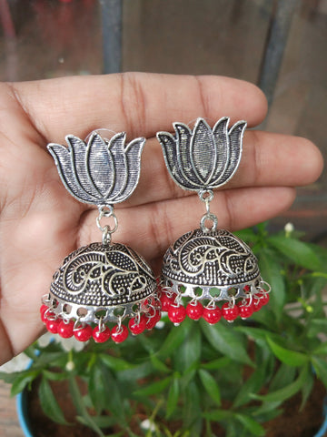 Lotus Red Bead Jhumka