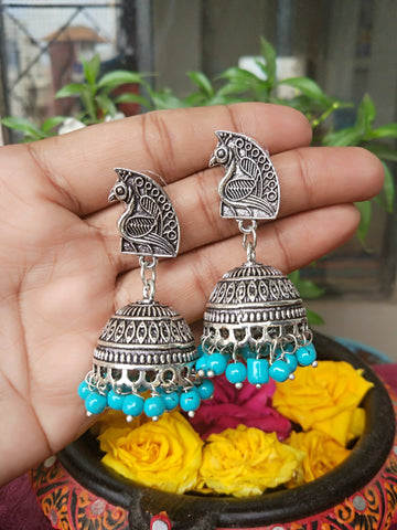 Blue Bead Peacock Stud Jhumka