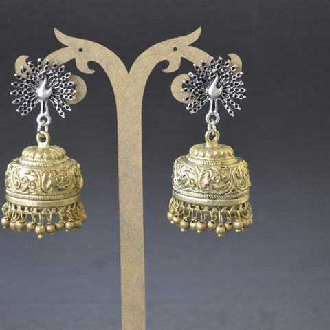 Dual Tone Peacock Stud Golden Jhumka