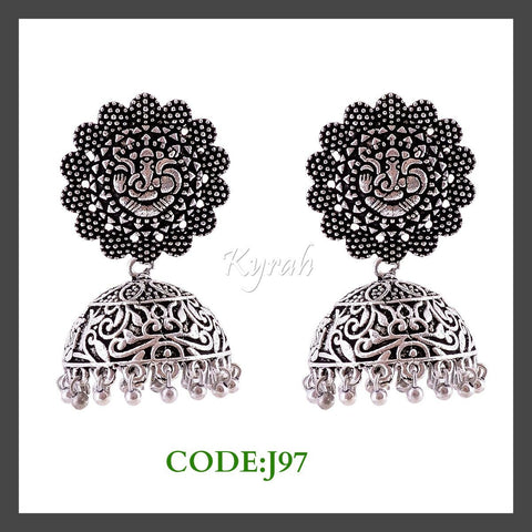 Silver Tone Lord Ganesha Stud Jhumka
