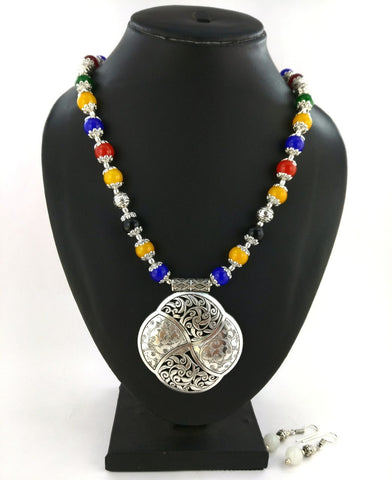 Multicolour Beaded Pendant With Earrings- Design 1