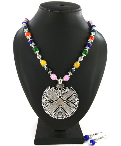 Multicolour Beaded Pendant With Earrings- Design 2