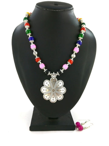 Multicolour Beaded Pendant With Earrings- Design 3