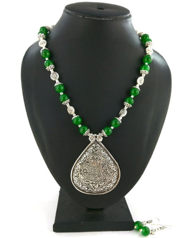 Green Beaded Ganesha Pendant With Earrings