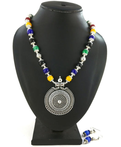 Multicolour Beaded Pendant With Earrings- Design 4