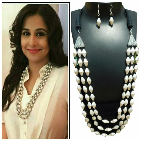 Celebrity Style Dolki Silver Beads Three Layer Mala with Earrings
