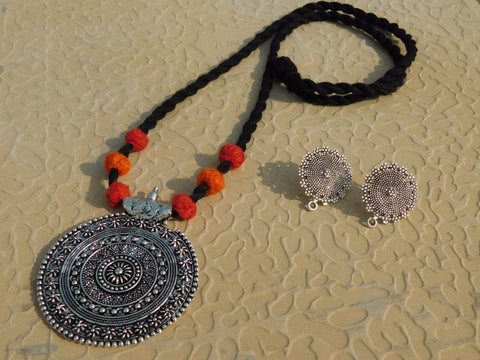 Big Round Colourful Black Thread Pendant With Matching Earrings